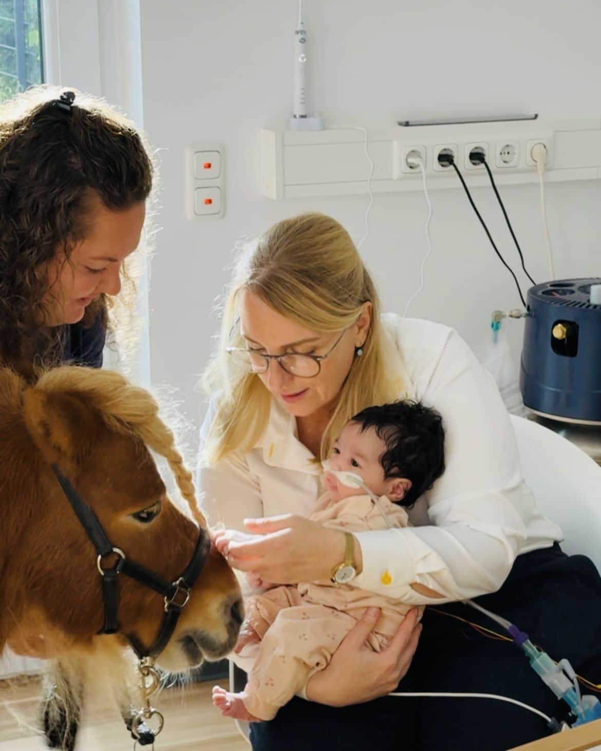 Die kleine Malika mit Highflow-Unterstützung auf dem Arm einer Betreuerin, Therapiepony Zappy schnuppert an ihrer Hand